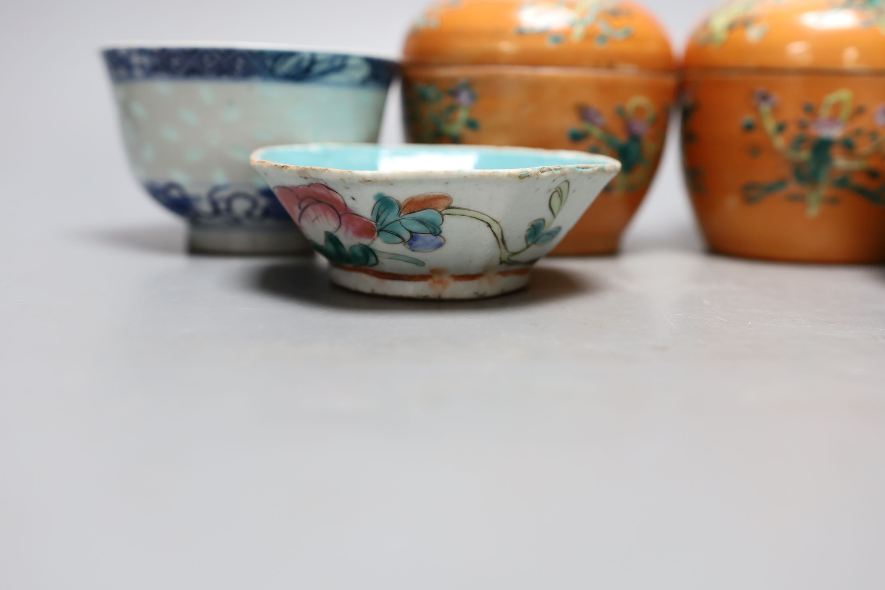 A pair of Chinese Straits chupu , with covers, 12cm. high, two enamelled dishes and two other items